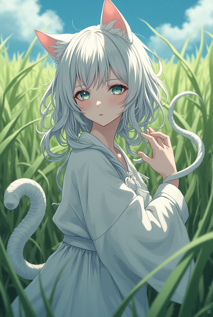 Japanese anime style，White-haired girl，Wearing white，Cat girl，A little bit of reality，field，Entangled and inserted by tentacles