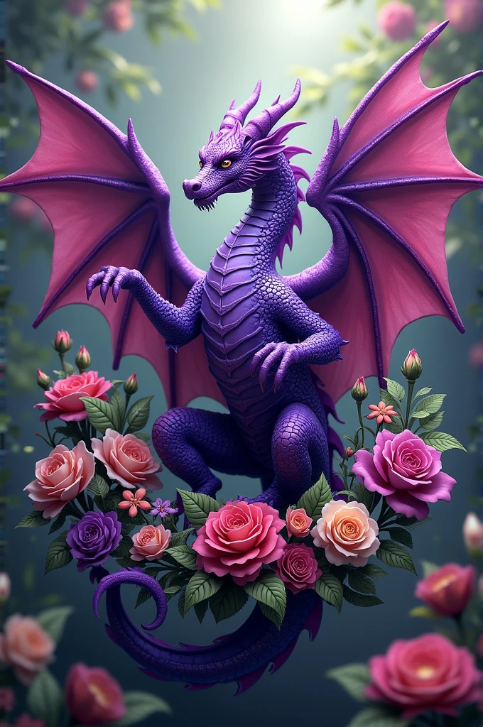 Dragon coat of arms with wings and purple flowers 


