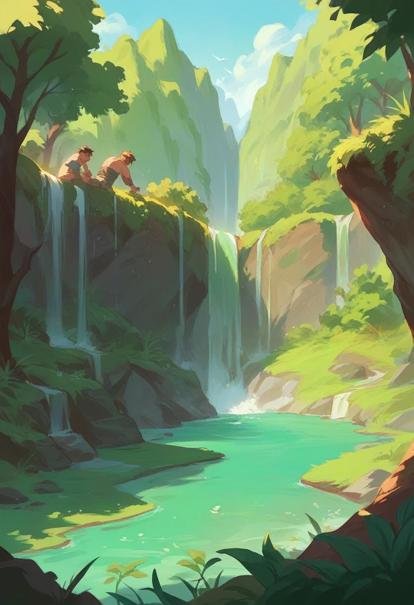 A green park with rivers and waterfalls full of people