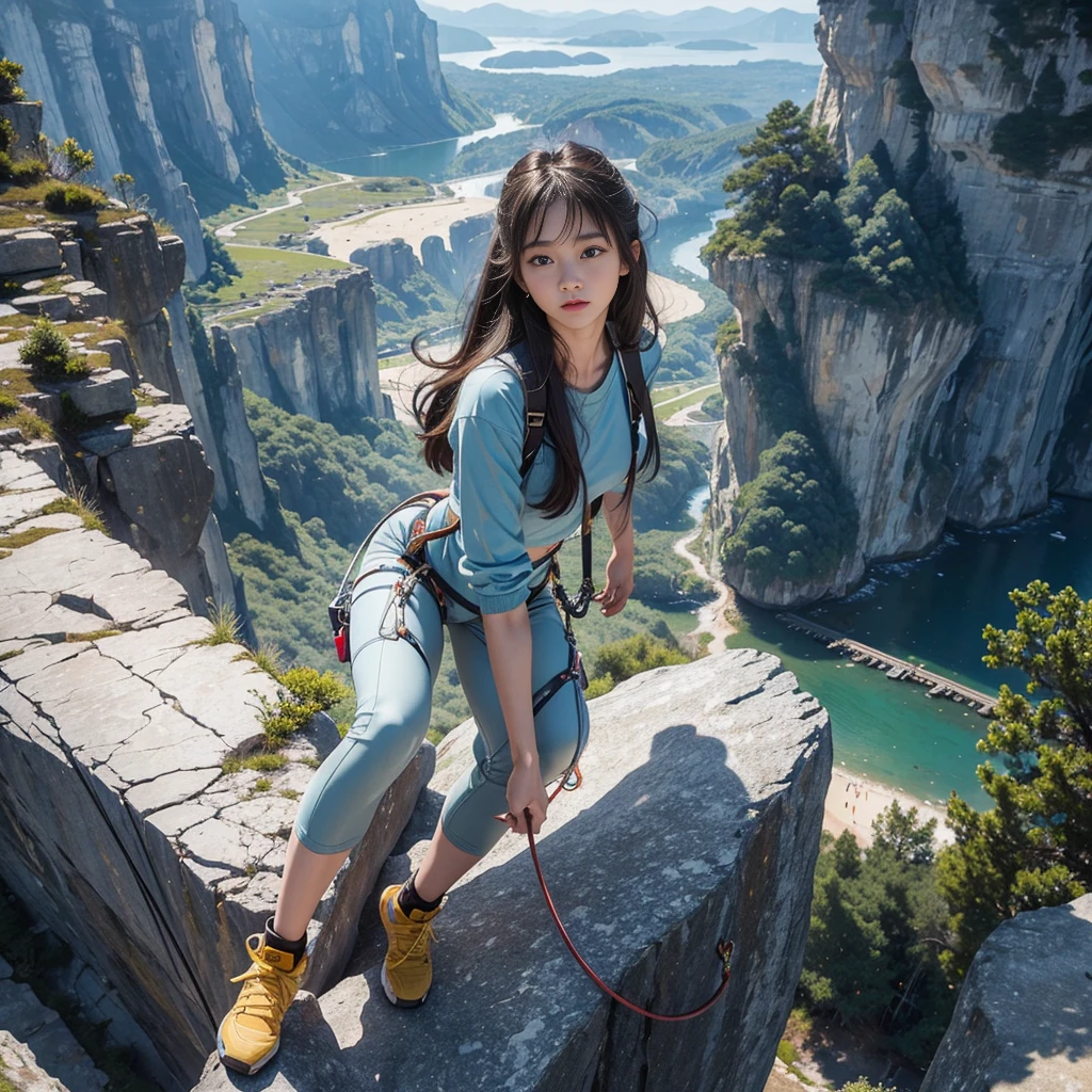 20 year old woman、best beautiful girl、masterpiece、real、live-action、accurate image、High definition、rock climbing、Free Climbing、sheer cliff、valley、1000Meter-tight rock face、Tight climbing pants、hanging、clamber、cling to、Equipped with detailed details、