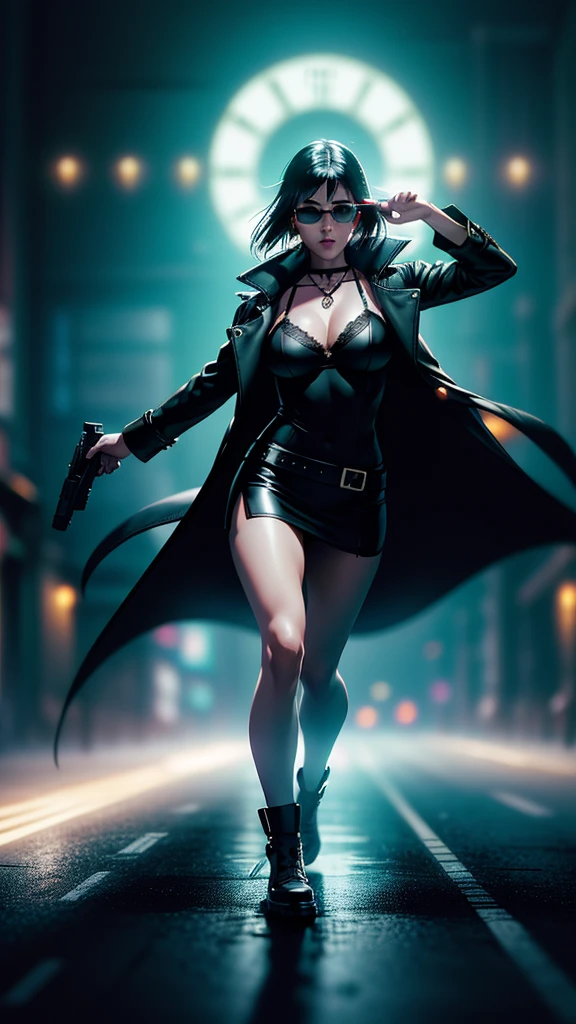 blade runner style city with a nocturnal vibe with Matrix-like aesthetic references, glowing huge clock tower as time machine, green glowing cascading code. At night, (1girl, solo, alone), photorealistic, medium-breast slim:0.6 body, oval:0.5 face, cleavage:1.1, sexy black laced bra, miniskirt, white laced panty, coat, (black micro sunglasses), (aiming with a short gun), (slightly leaning forward running pose), ((half-body thigh level medium shot)), cinematic lighting, ray tracing, radial zoom blurred background.