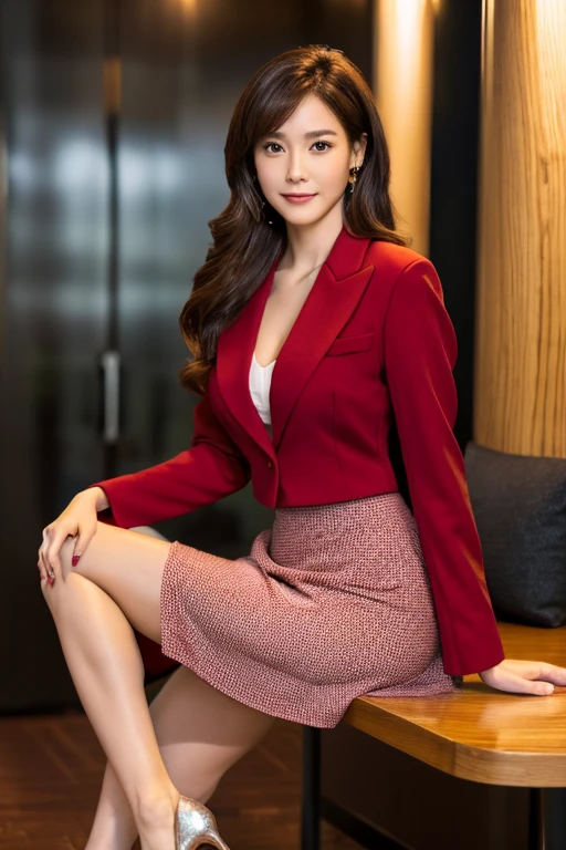 (Wine Red Blazer)、Business Blouse、(Wine Red Long Skirt:1.3)、((Full Body Portrait))、silk pantyhose、Sitting、(Both legs and high heels look beautiful.)、1 girl、Perfect Anatomy, Perfect body, Perfect hands, Perfect Face, Perfect Eyes, Accurate, Anatomically correct, Perfectly clear and sharp focus、Large Breasts、Modern architecture at night on the background、Professional Lighting、((Highest quality、Ultra-high resolution、masterpiece))