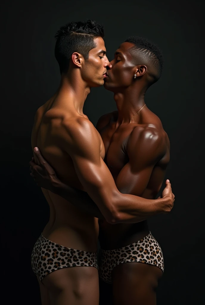 Cristiano ronaldo in a opern black shirt with lepord style underwear with a gay black Australian man , together on a black colored bed aand kiss each other 