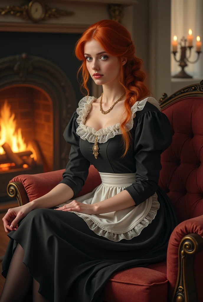 Draw me a woman with red hair 1850 who is a housekeeper, very pretty, looks thin but fit and wears tights with a very beautiful servant's dress, she should have violet eyes and be a real feast for the eyes, full body picture and realistic, she should sit on a sofa in the fireplace room very sexy with her shoes complete body mit pferdeschwanz zopf und richtig süss