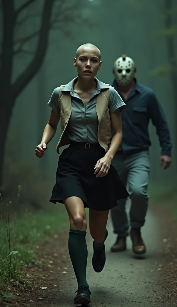 ((Highest quality)), ((masterpiece)), (horror movie posters:1.5), (short-sleeved shirt), (Horror movie title「Jason vs Soraroid」And write:1.8), グレーの女性のハトがオフホワイトで襟付きのshort-sleeved shirtに薄茶色のベストを着てひざ丈の黒いスカートに濃い緑の靴下と黒の靴を履いている, Female Pigeon vs Jason, Running from a bloody Jason, Muscular grey female pigeon、Photorealistic images,