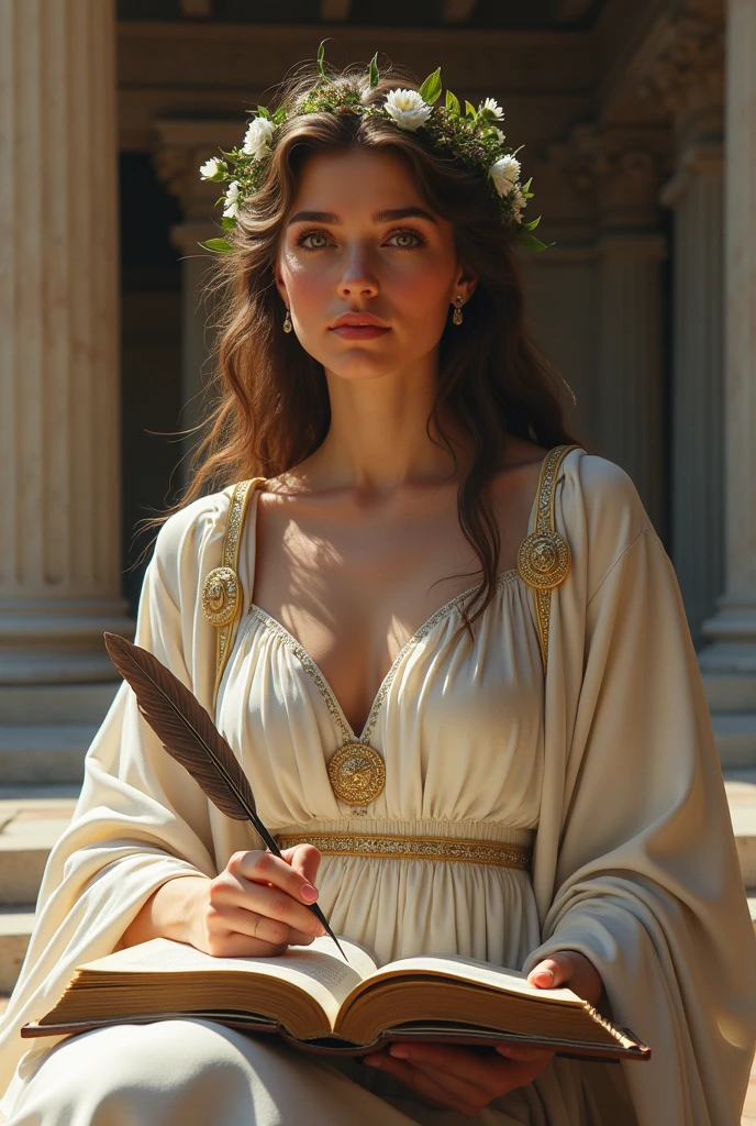 greek goddess writing a book facing front