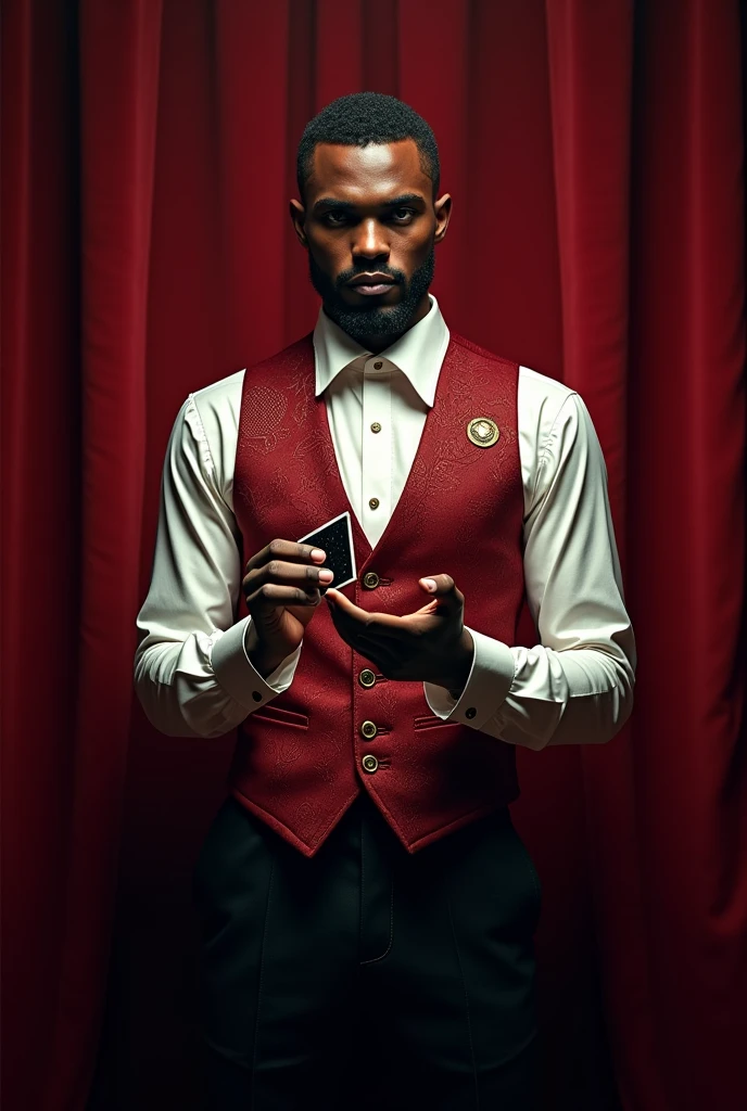 A black man wearing a magician costume 

