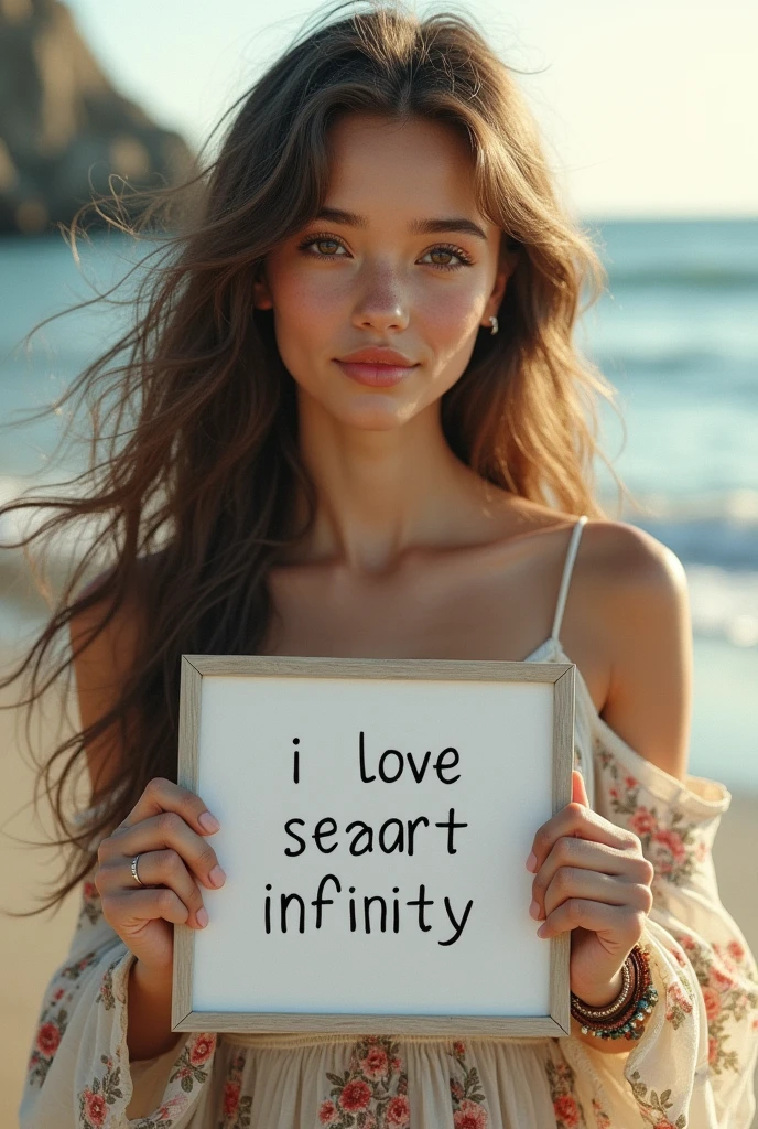 Beautiful girl with wavy long hair, bohemian dress, holding a white board with text "I Love Seaart Infinity" and showing it to the viewer