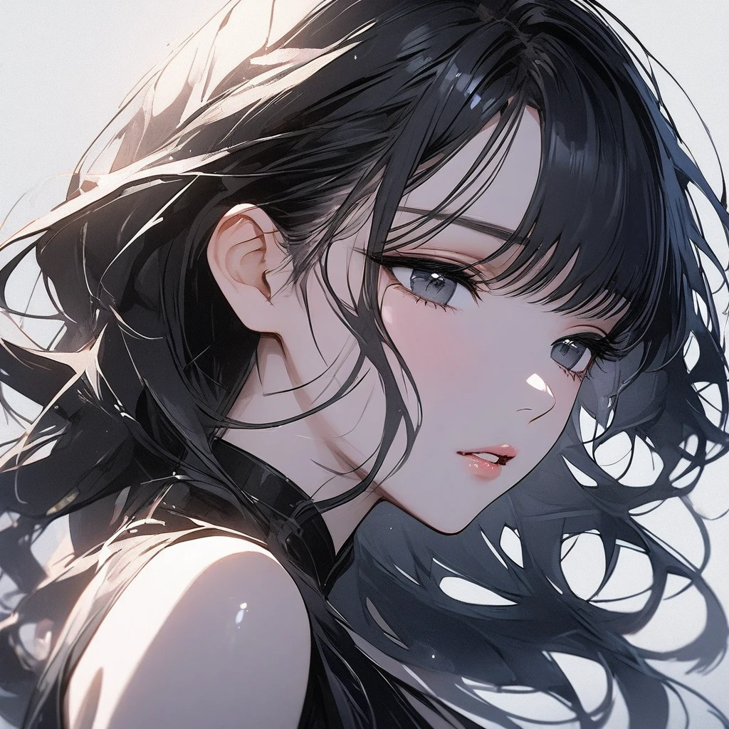 Girl, dreamy eyes, ethereal, elegant, model, calm, attractive, squinted eyes, asian beauty, solo, black eyes, black hair, sleeveless dress, sleepy, half-closed eyes, full lips, lipgloss, no background, light, parted lips, eye contact, dreamy