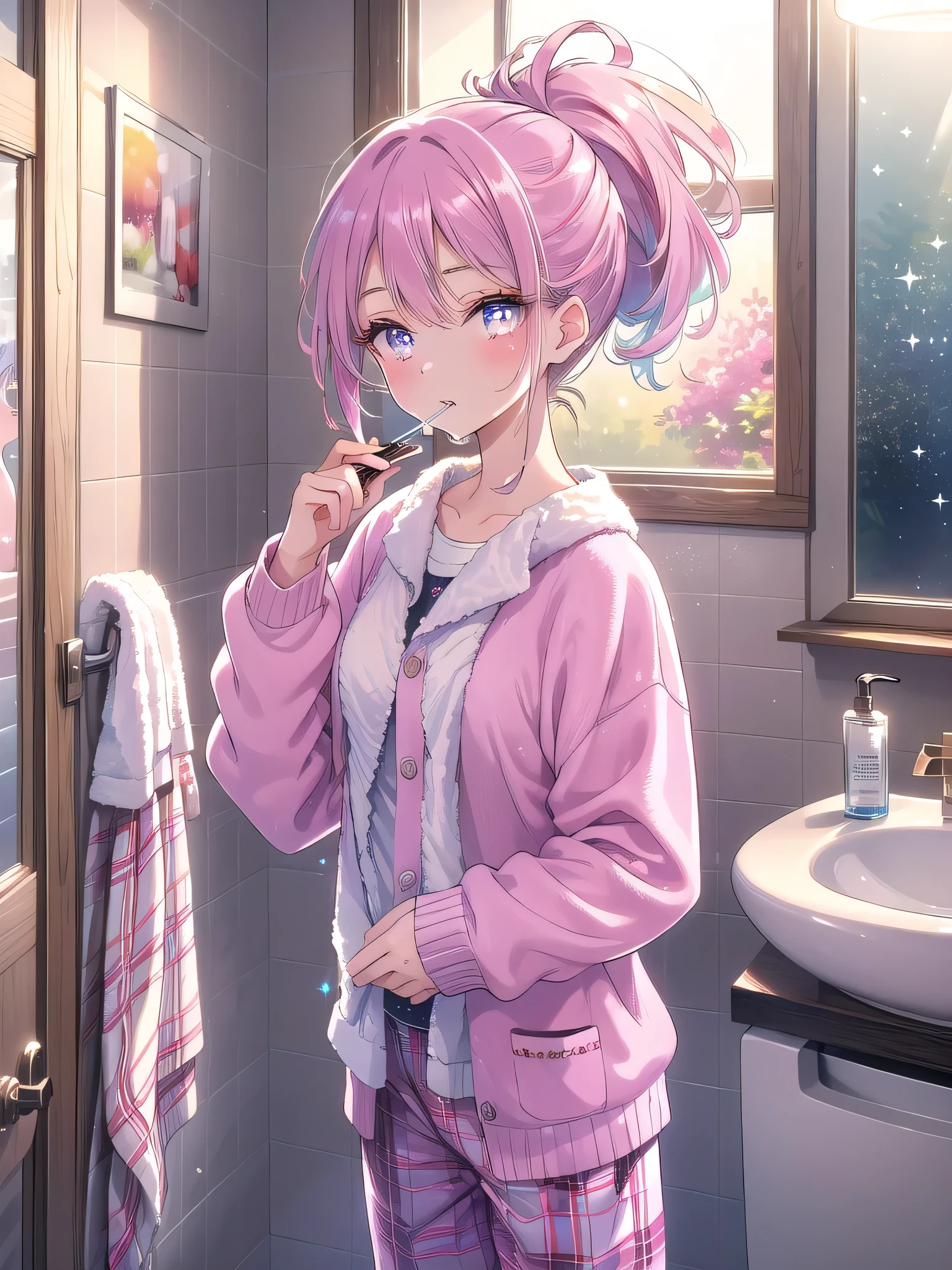 ((8k, Highest quality, masterpiece: 1.3)),Ultra-high resolution,(1 girl, alone), (Color changing eyes, Ultra-detailed, Expressive brilliance, Glitter, Glowing Eyes), Highly detailed eyes, Highly detailed face, Random Hair, ((pastel colour))Brushing Teeth Together
The woman stands at the bathroom sink, brushing her teeth while wearing a simple tank top and plaid pajama pants. Her hair is pulled back into a low ponytail, and she has a sleepy, content expression on her face as she goes through the motions of her nighttime routine. The bathroom is softly lit, with the mirror reflecting her relaxed demeanor. She glances sideways at the camera with a playful twinkle in her eye, as if inviting her boyfriend to join her in this mundane yet intimate moment. The background shows a few toiletries neatly arranged on the counter and a fluffy towel hanging on a rack, adding to the cozy, everyday feel of the scene.