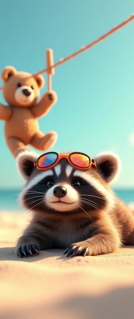 A charming and captivating 3D render of a baby raccoon enjoying a serene beach scene. The raccoon is exceptionally fluffy and adorned with a pair of vibrant, playful goggles. It lies on a soft sandy shore, basking in the sun. A teddy bear, reminiscent of a childhood toy, hangs on a clothesline nearby. The background features a soft, calming blue sky that adds an aura of tranquility and relaxation. The visible brush strokes and interplay of light and shadow in the artwork create an authentic and enchanting atmosphere, inviting the viewer to become fully immersed in this idyllic scene., 3d render, photo, conceptual art