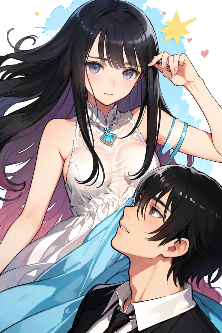 man and woman, couple, love, mature, a cat woman, she has freckles, she has dark brown eyes and an upturned nose, she is happy and smiling, she has long wavy hair, black hair, she is wearing aviator sunglasses with clear lenses in a soft watercolor style. The girl's clothes must be pink, purple, and blue in celebration of the bisexual, with stains of ink and watercolor mixing and filling the scene. he has blonde hair, he is handsome, he is slim. There should be a subtle, nuanced change in colors using the impasto technique with gouache paint. There should be a light rain in the watercolor painting with a little watercolor paper texture and a pastel background.