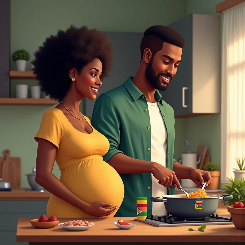 

Create a realistic picture and put ZimVitals logo, with the Z having Zimbabwean flag colours green, yellow, red and black colour and   of a black couple, the wife is pregnant and the husband is cooking in the kitchen. Make the couple's age around 30 years both. 