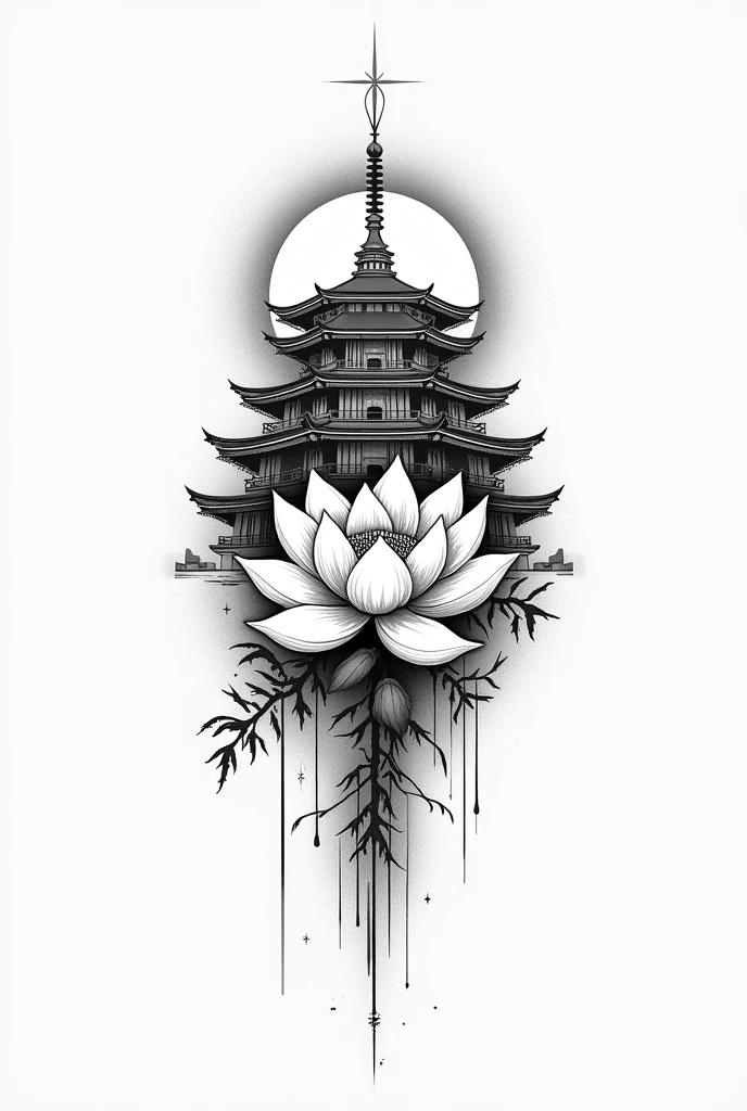 Tatouage fleur de lotus inspireration temple Japonais boudiste et samouraï sans couleur
