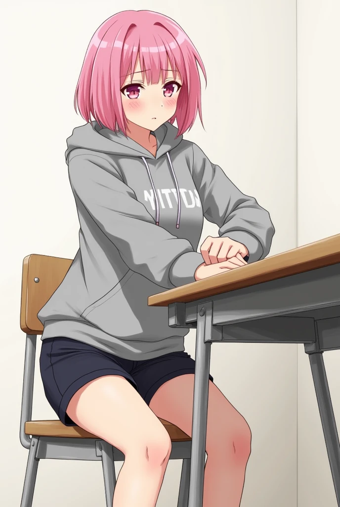Draw a high school girl with pink bob hair, wearing a gray hoodie and black shorts, rubbing her genitals on the corner of her desk, sweating profusely.