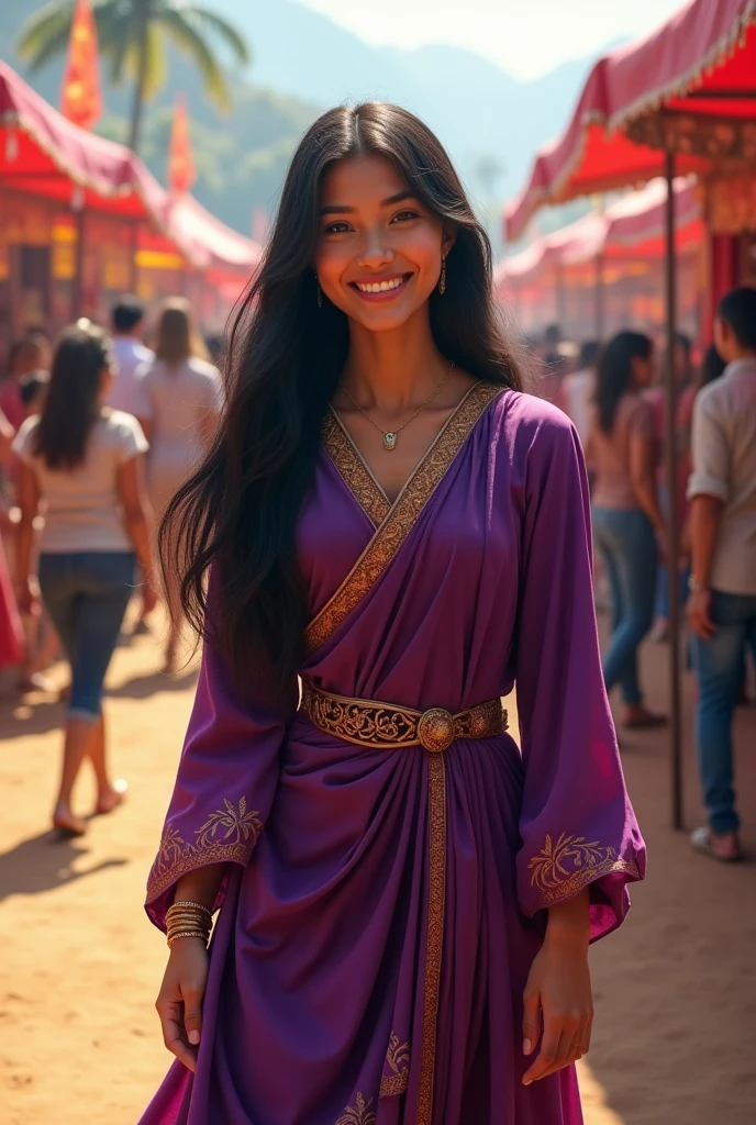 woman with long black, straight hair dressed in a purple and gold tunic, smiling at an outdoor fair