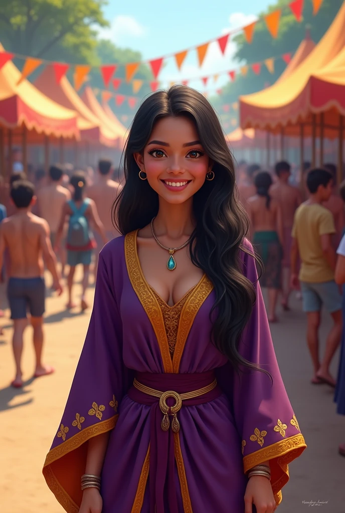 woman with long black, straight hair dressed in a purple and gold tunic, smiling at an outdoor fair
