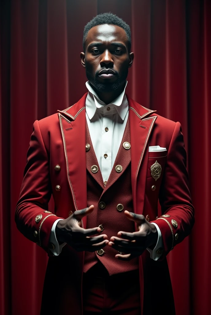 A black man wearing a magician costume 

