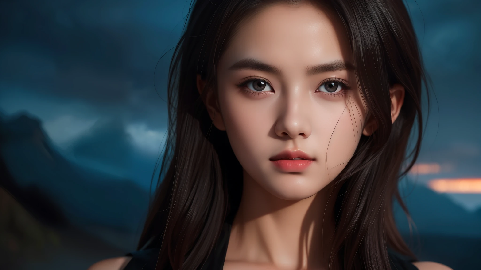 A 16k realistic portrait masterpiece, realistic soft detailed lines, highest resolution, every detail, meticulousness, depth of field, bright colors, beautiful composition: a girl Teenage girl with dark hair and highly detailed innocent eyes, standing against a dark and ominous landscape. sexy silk dress.