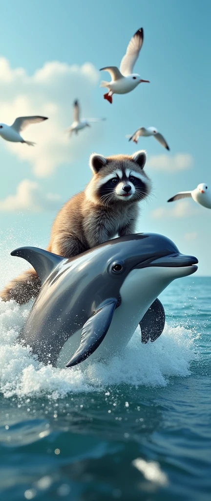 A captivating and conceptual image featuring a cute, extra fluffy baby raccoon perched atop a 3D render of two identical dolphins. The dolphins, with their smiling faces and energetic demeanor, are gracefully leaping above a flock of seagulls. Their streamlined bodies glisten in the sunlight, and their playful nature exudes a sense of joy. The background showcases a vast ocean with waves crashing against the shore, while the seagulls fly in a harmonious flock beneath the dolphins. This stunning image, a blend of wildlife photography and 3D render, comes together to create a vibrant and full-of-life portrayal of marine wildlife in motion., conceptual art, photo, 3d render, wildlife photography