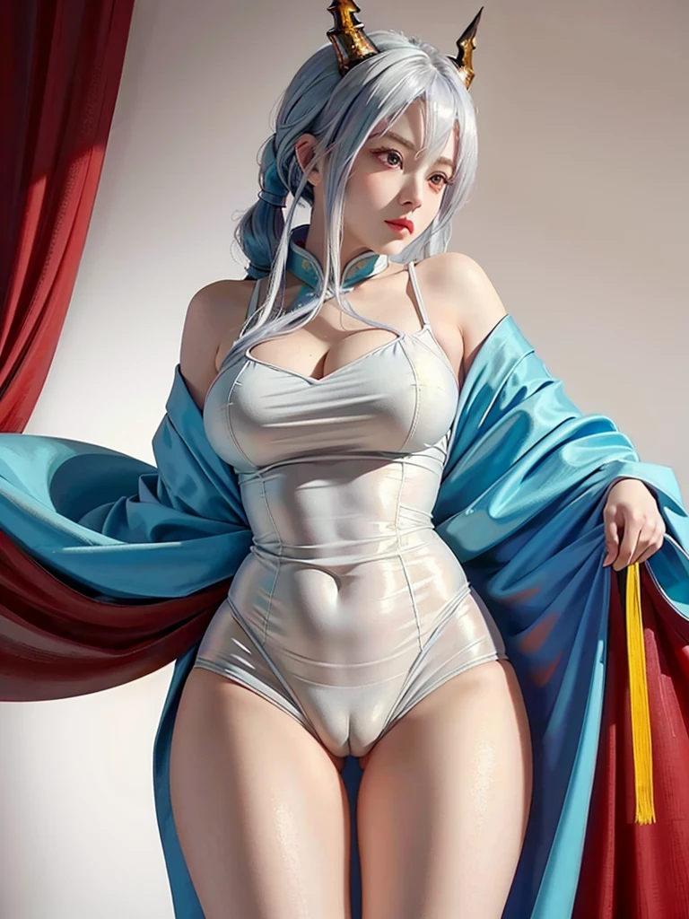 photorealistic, high resolution, soft lights, 1women, solo, hips up, look at viewer, (detailed face), red eyes, white hair, long hair, detailed eyes, ch'en \(arknights\), red eyes, solo, chinese dress, red cheongsam, realistic, makeup, back view,
,ชุดรัดรูป, camel toe, โชว์กางเกงใน , โชว์หน้าอก, หัวนม, กางขา,