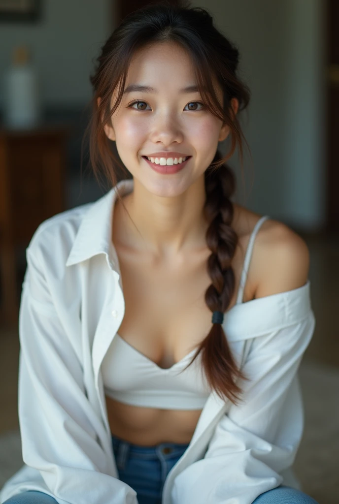 professional lighting,crouching,Staring at the photographer,Close-up of a girl with braided hair, The white shirt is wide open,Cleavage,Underbust,Cute young girl, Young and adorable Korean face, young asian girl, Beautiful young girl, full body