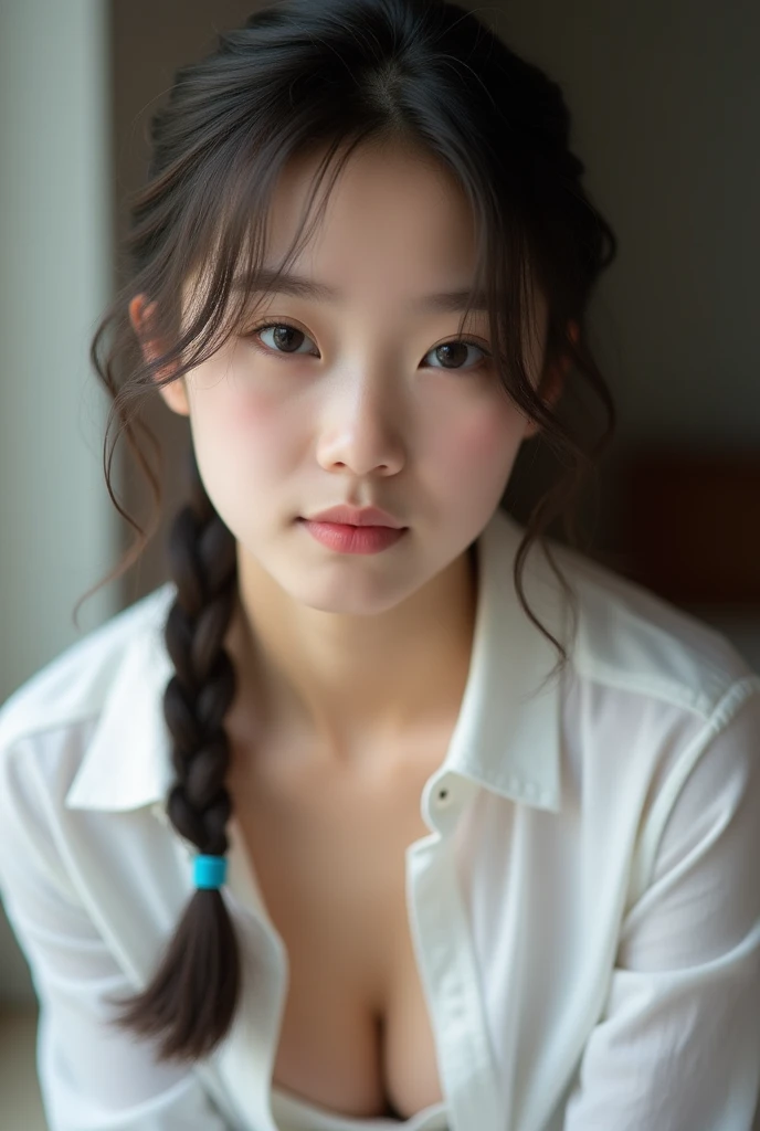 professional lighting,crouching,Staring at the photographer,Close-up of a girl with braided hair, The white shirt is wide open,Cleavage,Underbust,Cute young girl, Young and adorable Korean face, young asian girl, Beautiful young girl, full body