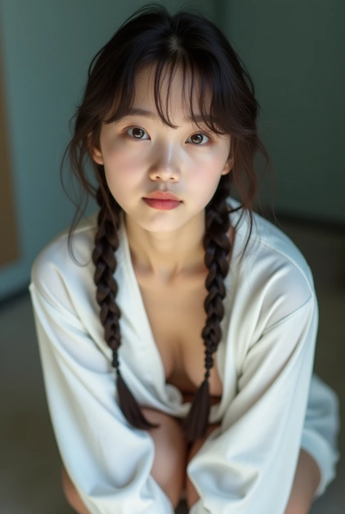 professional lighting,crouching,Staring at the photographer,Close-up of a girl with braided hair, The white shirt is wide open,Cleavage,Underbust,Cute young girl, Young and adorable Korean face, young asian girl, Beautiful young girl, full body