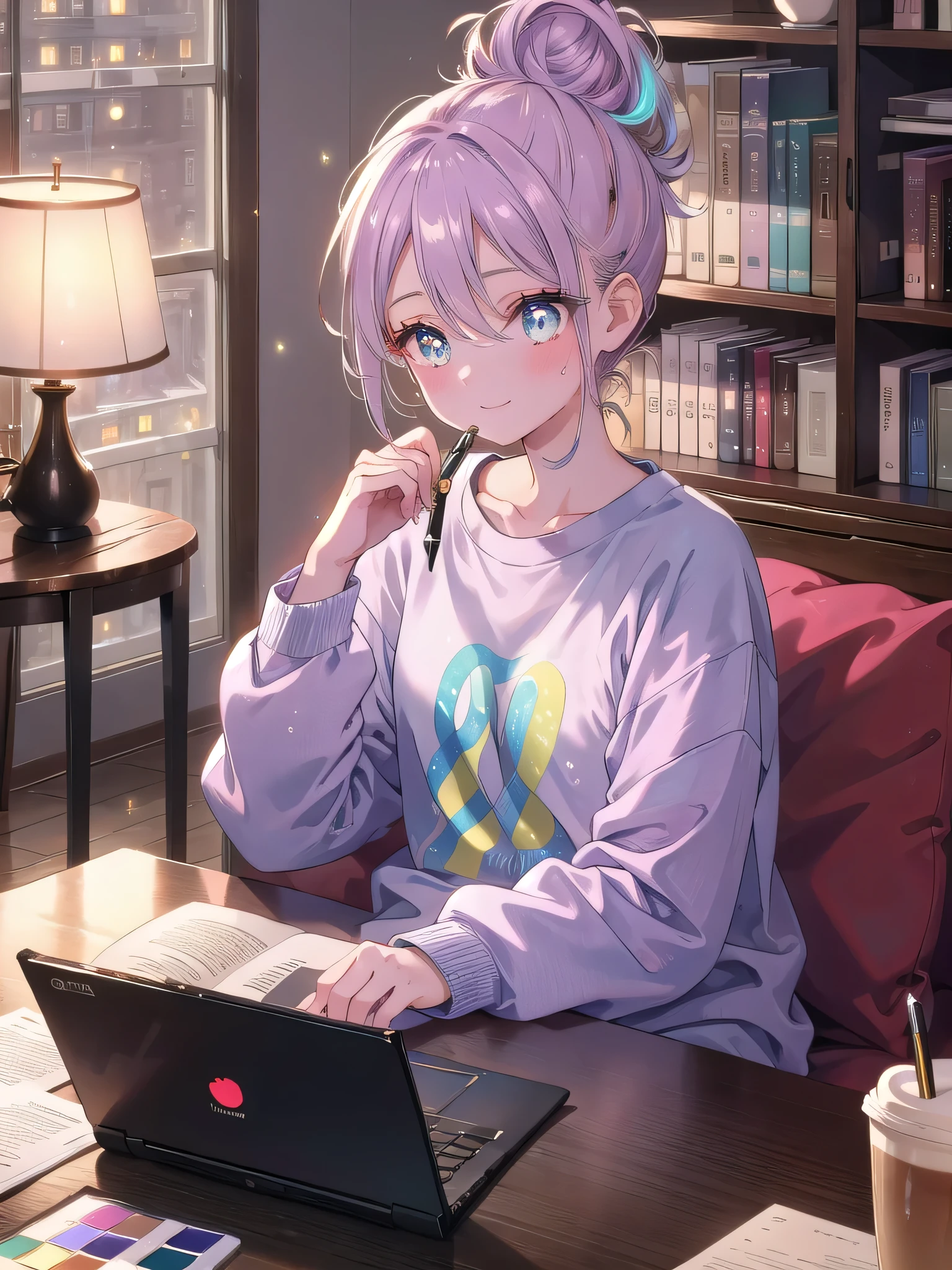 ((8k, Highest quality, masterpiece: 1.3)),Ultra-high resolution,(1 girl, alone), (Color changing eyes, Ultra-detailed, Expressive brilliance, Glitter, Glowing Eyes), Highly detailed eyes, Highly detailed face, Random Hair, ((pastel colour))Late-Night Study Session
The woman is sitting on the floor in her living room, surrounded by a few textbooks and a laptop. She’s dressed in a casual, oversized t-shirt and sweatpants, her hair pulled back into a messy bun. She’s focused on her work, highlighting a section of text with a pen. She looks up at the camera with a tired but determined smile, as if sharing the challenge of studying late into the night. The room is softly lit, with the glow from the laptop screen adding to the cozy atmosphere. The coffee table in front of her holds a mug of tea and a small plate with a snack, suggesting she’s settling in for a long night of studying.