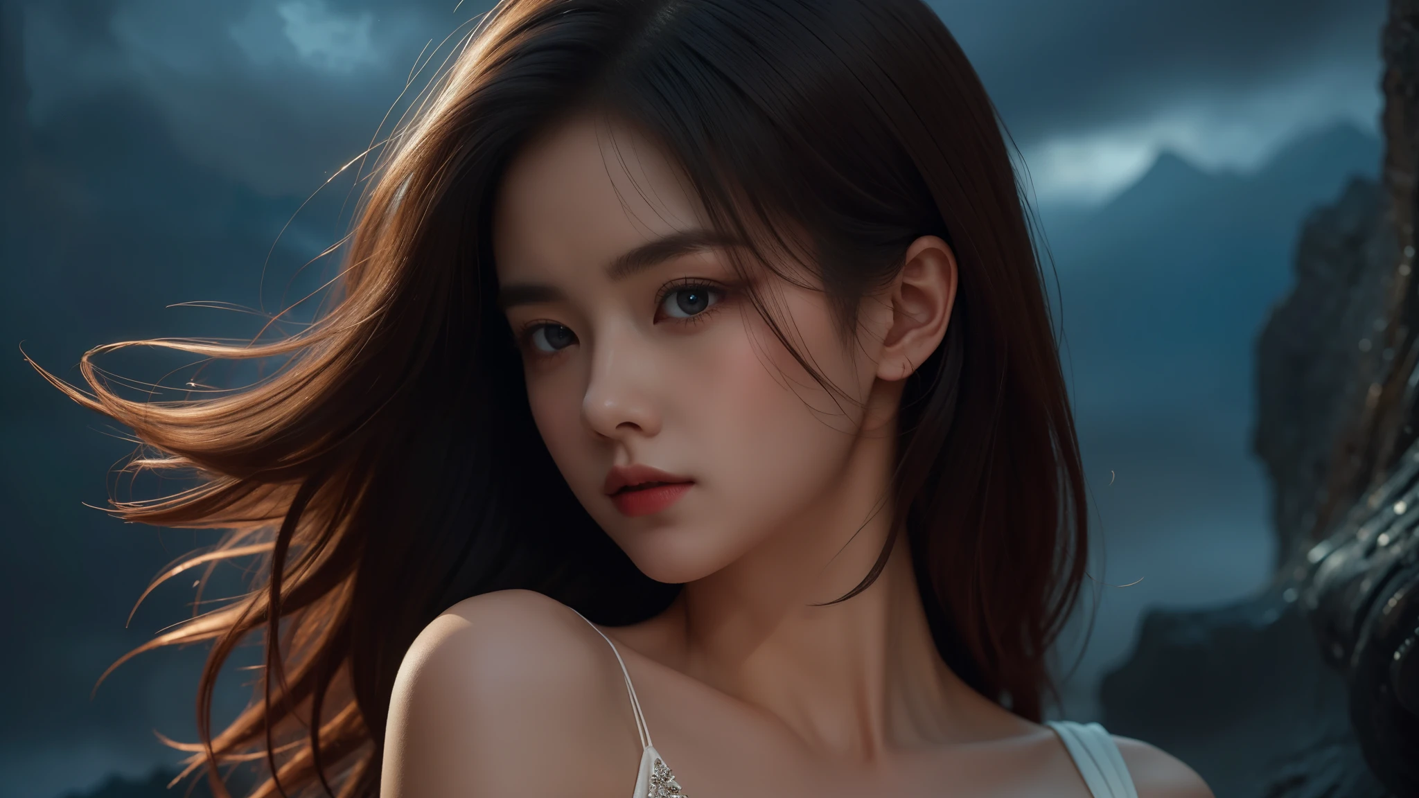 A 16k realistic portrait masterpiece, realistic soft detailed lines, highest resolution, every detail, meticulousness, depth of field, bright colors, beautiful composition: a girl age girl with dark hair and highly detailed innocent eyes, standing against a dark and ominous landscape. sexy silk dress.