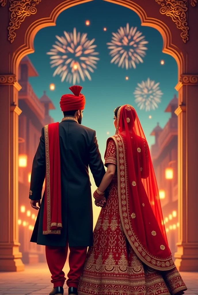 I want a barat invitation where bride is wearing a red lehnga with dupatta on head and full body covered and no backless kurti
of bride full covered and full sleeves and groom wearing black sherwani and red turbin and both holding hands from behind and pic is of the back veiw and there is is lantern and fireworks in both sides and on sky and there is ample space on the top of pic for invitation and there is boarder on all sides of pic that give them a invitation card look