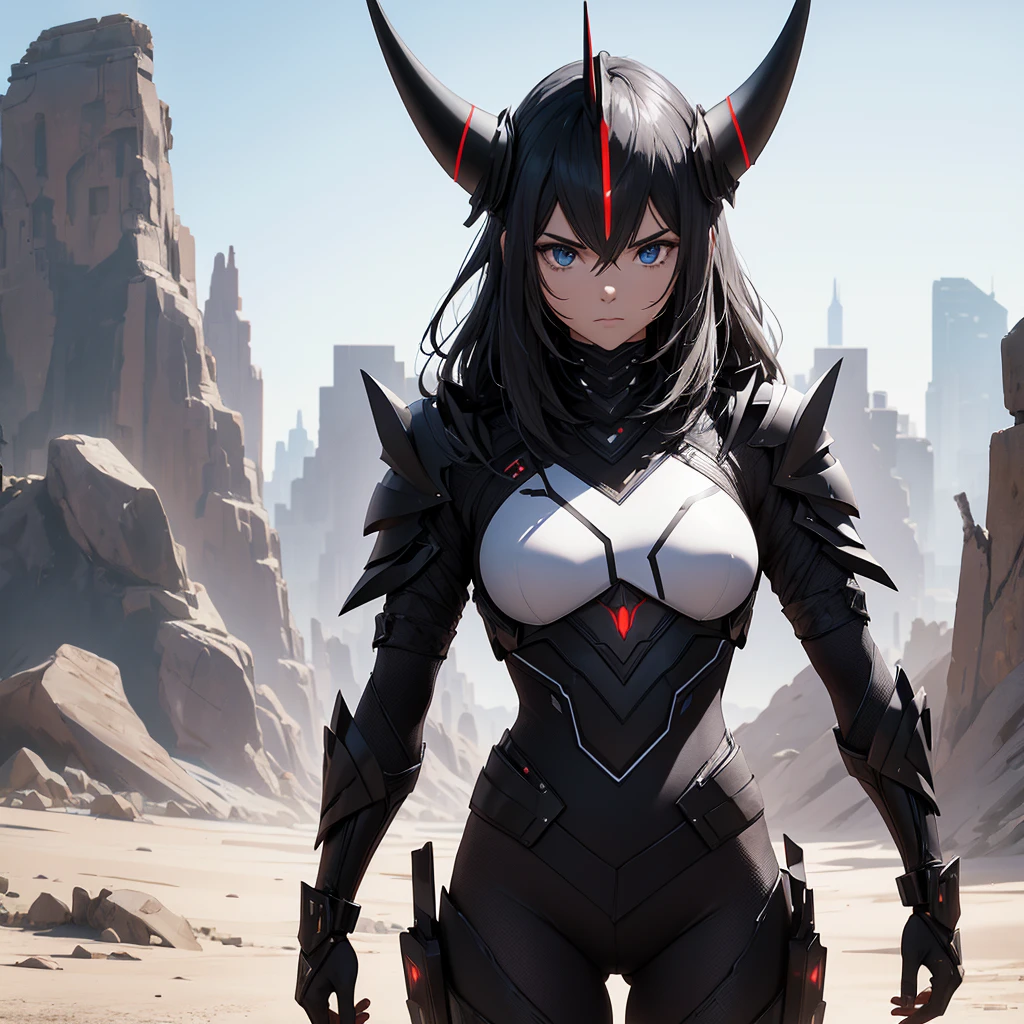 Make a character. alone. futurist. black futuristic armor. besides having futuristic horns. It should be in a desert setting.