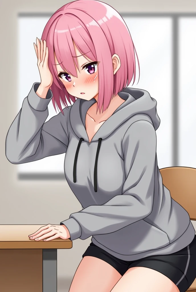 Draw a high school girl with pink bob hair, wearing a gray hoodie and black shorts, rubbing her genitals on the corner of her desk, sweating profusely.