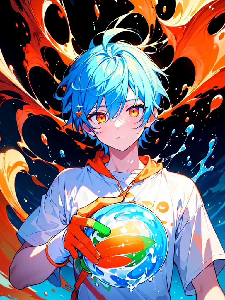 [(BLACK BACKGROUND:1.5),::5], ((((masterpiece)))), high quality, very_high_resolution, large_filesize, upper body, full color, ((younger boy)), 13 old year, short skyblue hair, vivid color, ((orange eye)), Summer clothes white, animestyle, (cola Splash effect:1.3)