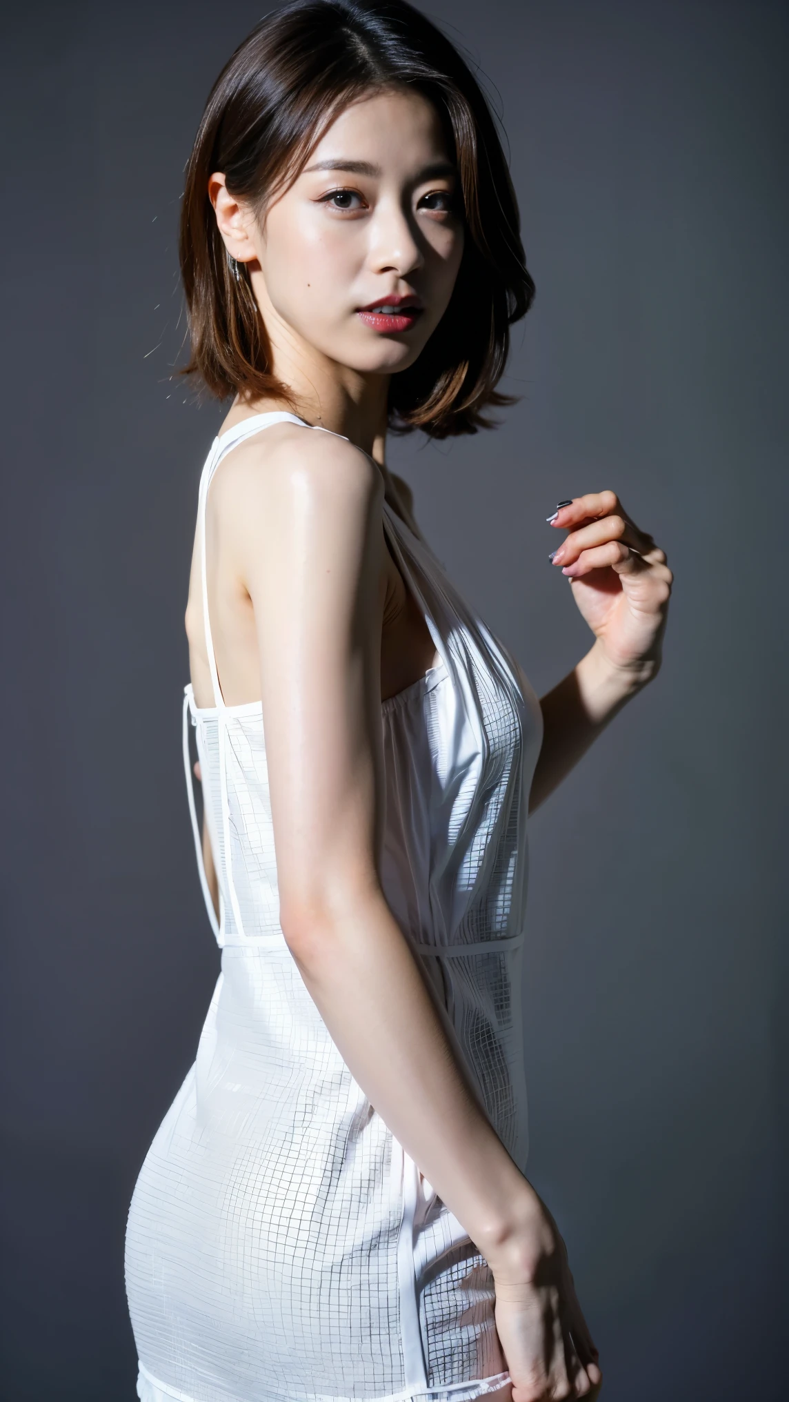 Highest quality,masterpiece,Ultra-high resolution,(Actual:1.4),Original photo,Ultra-high resolution,8k,There are also women,Fair skin、Sheer white lace mini dress,High heels,Long legs:1.5,Bright and beautiful,high waist,Flashy makeup using red eyeshadow,Gray background,