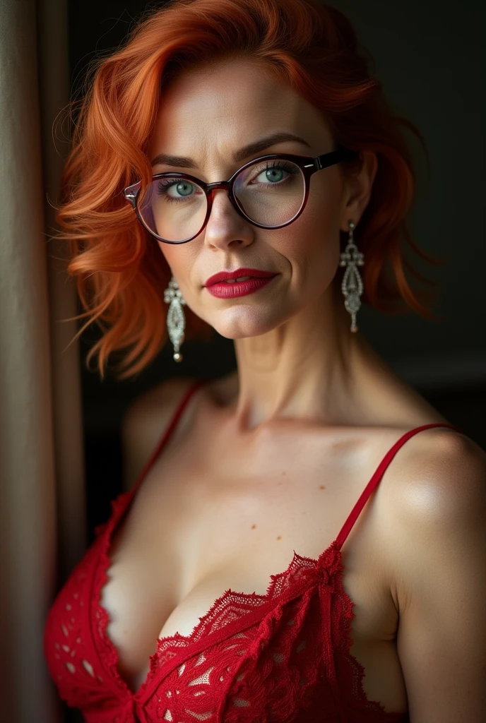 redheadwear, blue colored eyes, freckles, Eyeglasses, aretes, Middle aged woman, 60 years old, light wrinkles, and big breasts in low-cut red lace outfits, sexy low-cut breasts, serious sensual look, focused and seductive and seductive, very sexy woman.
