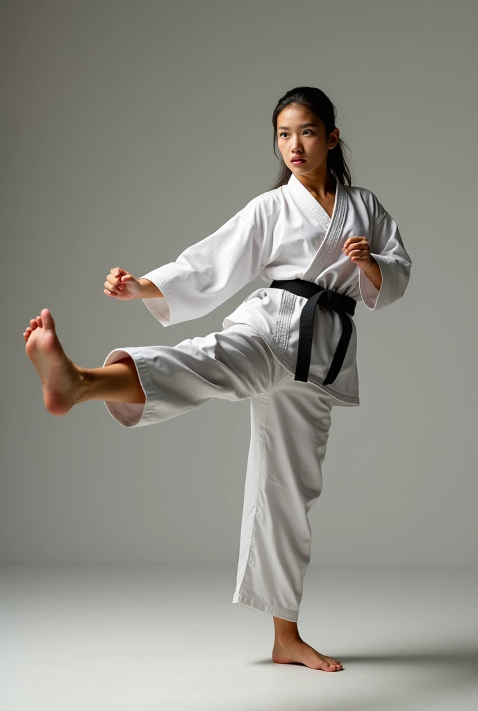 indonesian martial arts girl, south east asian, bare legs in half karate uniform and bare feet, sporty muscled strong feminine legs, kicking in front towards the camera vs. you.