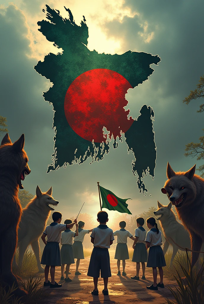 "Illustrate a vivid battle scene with the map of Bangladesh as the background. On one side, a pack of threatening creatures, including a wolf, a hyena, a vampire, and other monsters, are advancing to destroy a specific target. On the opposite side, a group of courageous schoolchildren in uniforms are fighting back, holding the Bangladesh flag proudly. The atmosphere is one of full-scale war, capturing the intense clash between these dark forces and the young defenders, with the map of Bangladesh symbolizing the battleground."