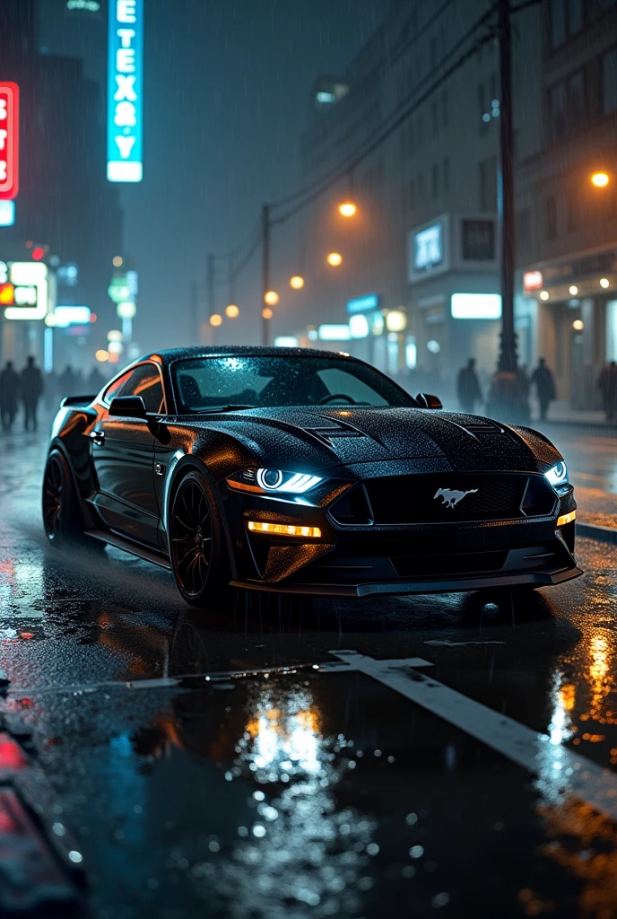 As a black mustang gt car on a rainy night 