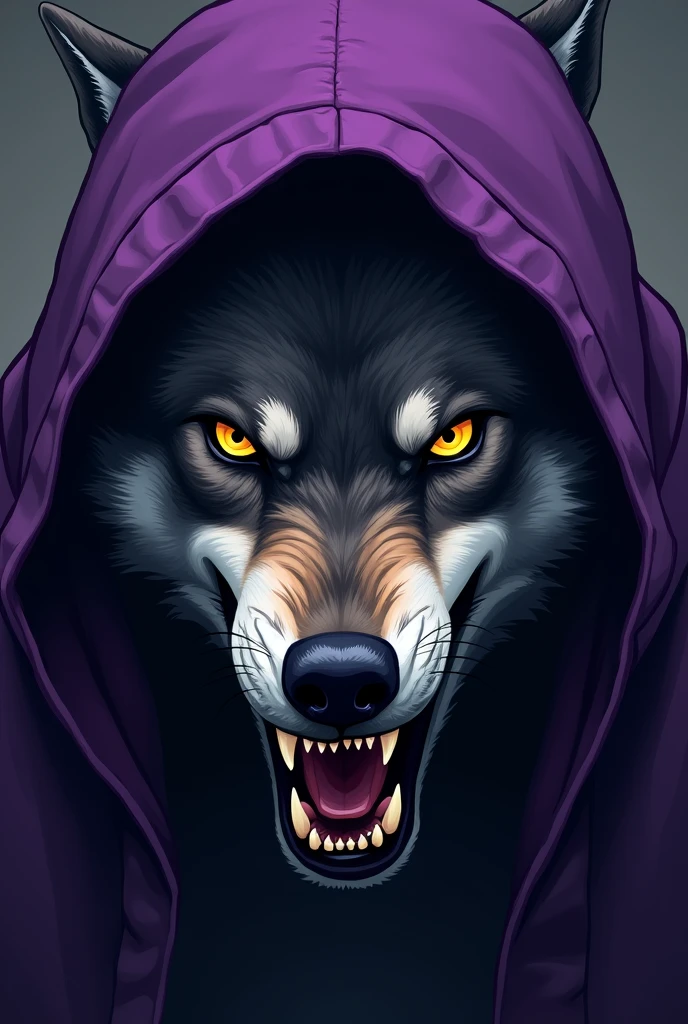 A basic illustration of an angry wolf&#39;s face with half of the front of its face covered by a purple hood 