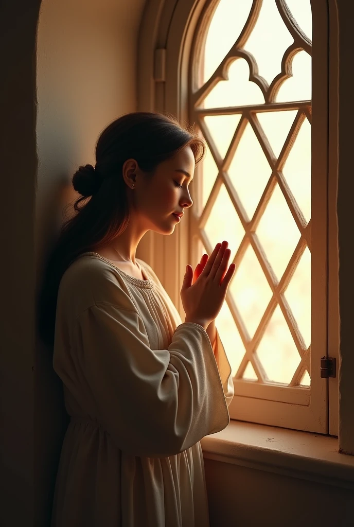 (photorealism:1.2), create a person praying with their hands up, next to your window.