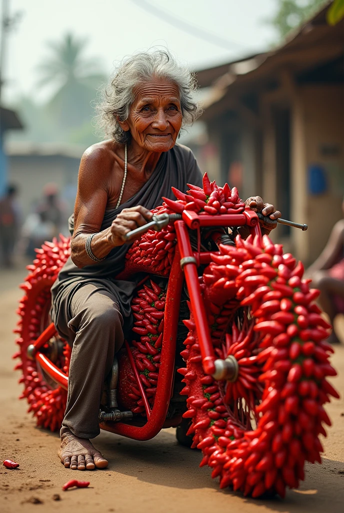A poor Indian old woman sitting on the ground making a huge motor bike out of red chili