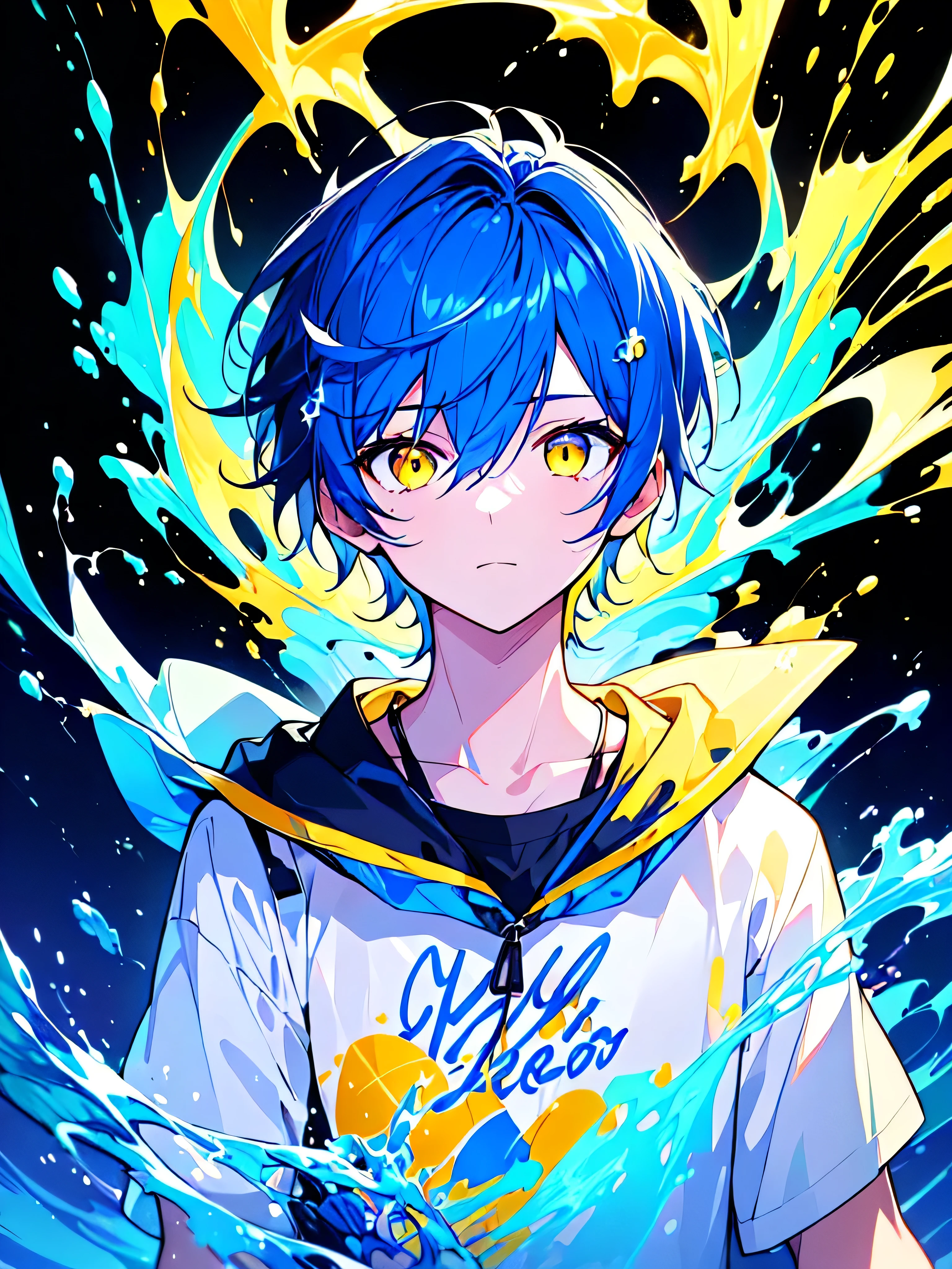 [(BLACK BACKGROUND:1.5),::5], ((((masterpiece)))), high quality, very_high_resolution, large_filesize, upper body, full color, ((younger boy)), 13 old year, short deepblue hair, vivid color, ((yellow eye)), Summer clothes white, animestyle, (NeonSoda Splash effect:1.3)