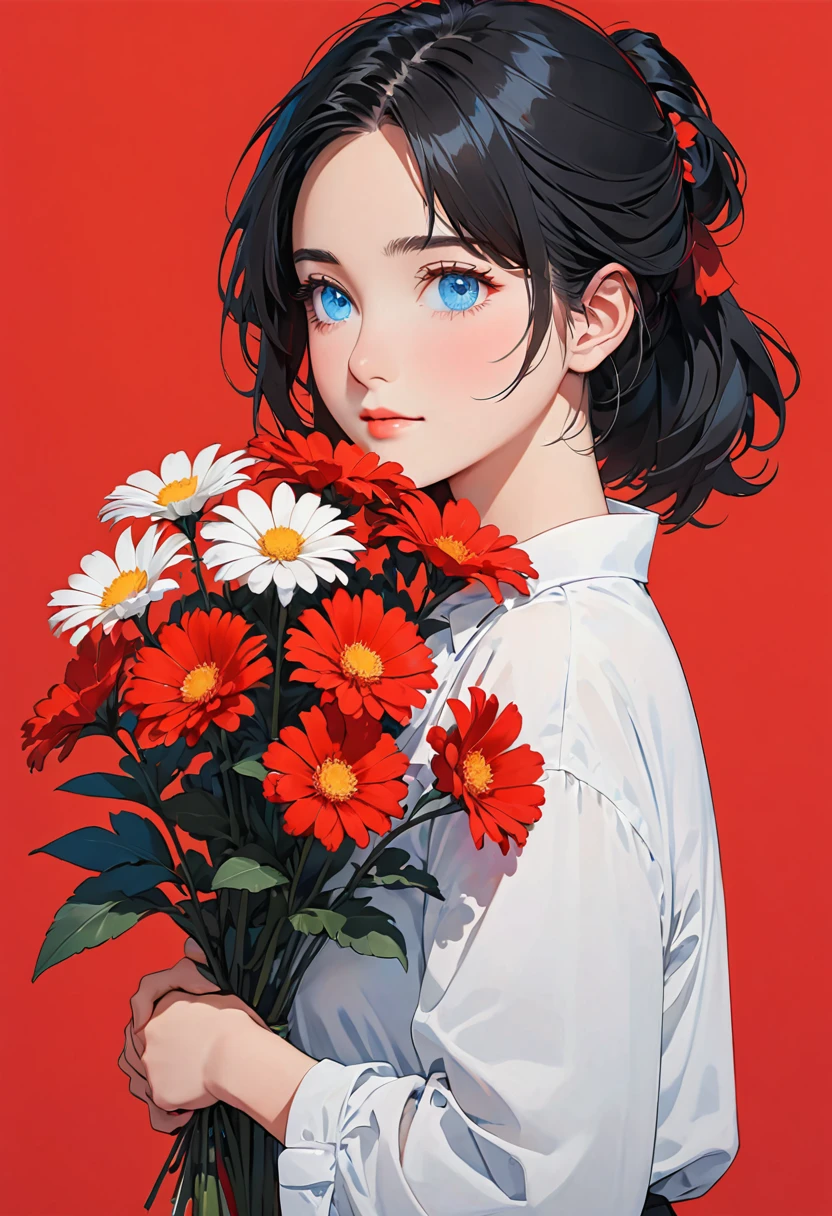 A girl holding flowers on her shoulder on a red background, one girl, flower, alone, flower, black hair, blue eyes, shirt, red background, white shirt, second red red, simple background, official,,