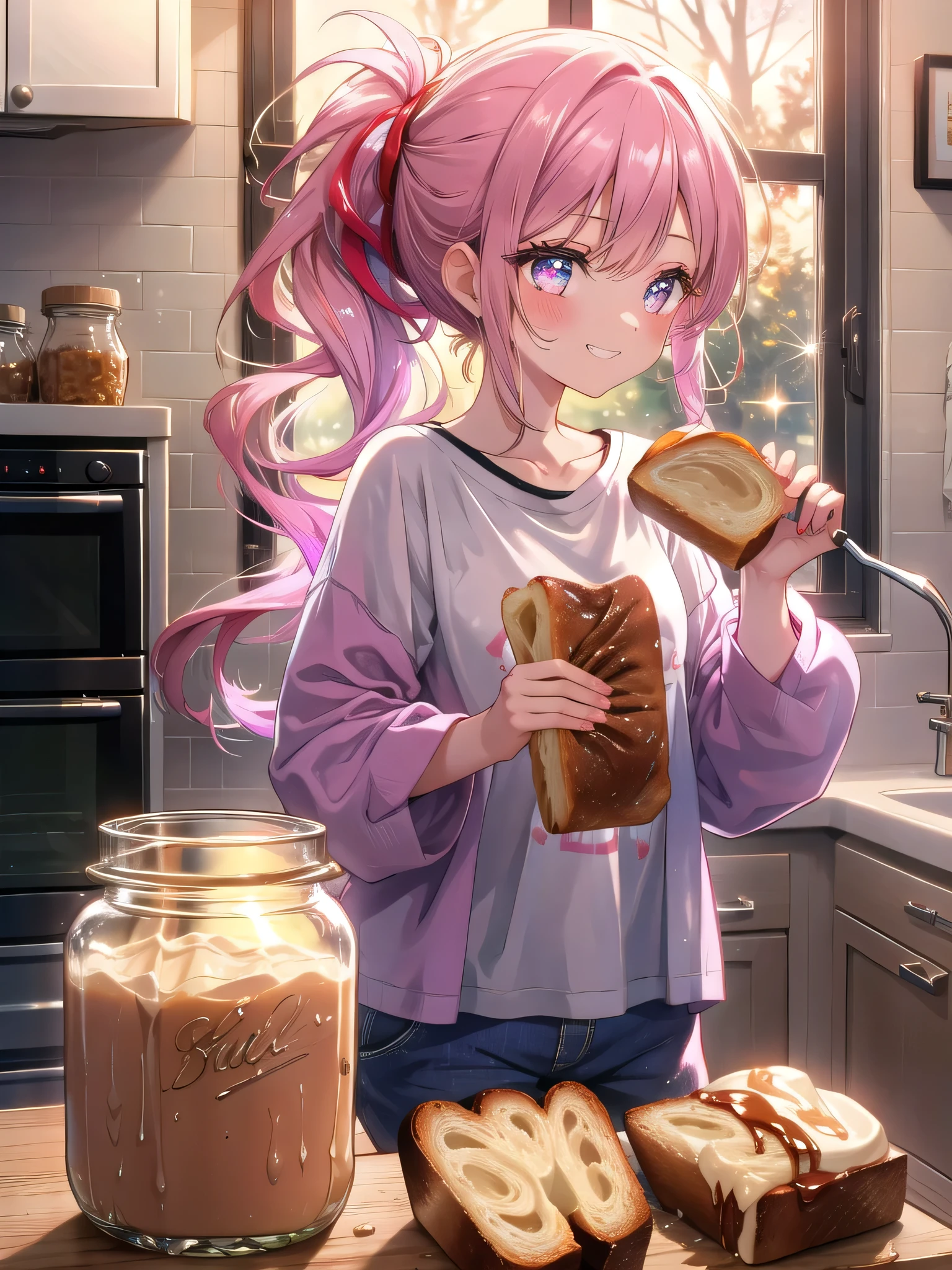 ((8k, Highest quality, masterpiece: 1.3)),Ultra-high resolution,(1 girl, alone), (Color changing eyes, Ultra-detailed, Expressive brilliance, Glitter, Glowing Eyes), Highly detailed eyes, Highly detailed face, Random Hair, ((pastel colour))Preparing a Bedtime Snack
The woman is in the kitchen, preparing a small snack before bed. She’s wearing an oversized t-shirt and pajama shorts, her hair tied back in a loose ponytail. She’s spreading peanut butter on a slice of bread, her movements relaxed and unhurried. She glances at the camera with a playful grin, as if inviting her boyfriend to join her in this late-night snack. The kitchen is dimly lit, with only the overhead light on, creating a cozy, intimate feel. The counter is clean and tidy, with just a few items out—some bread, a jar of peanut butter, and a glass of milk—suggesting a simple, comforting end to the day.

