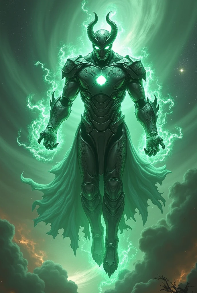 A demon lord with a armour like iron man with cosmic energy floating in the sky and release got like energy green colour