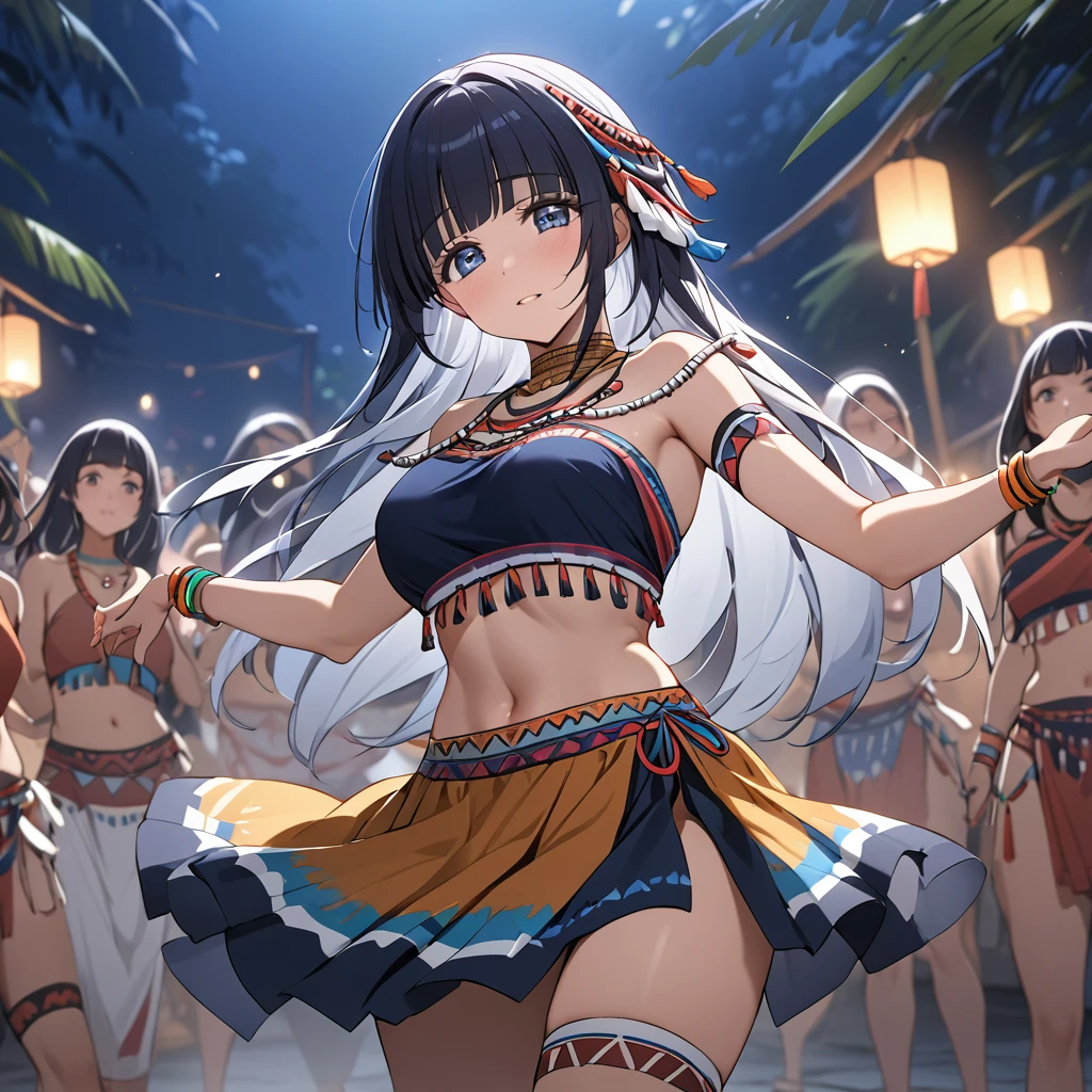 ((Highest quality)), ((masterpiece)), (detailed), (Perfect Face)、The woman is Aoki Reika, a tribal dancer with medium-long hair.、The woman is wearing a primitive tribal dance costume and is dancing a tribal dance.、night