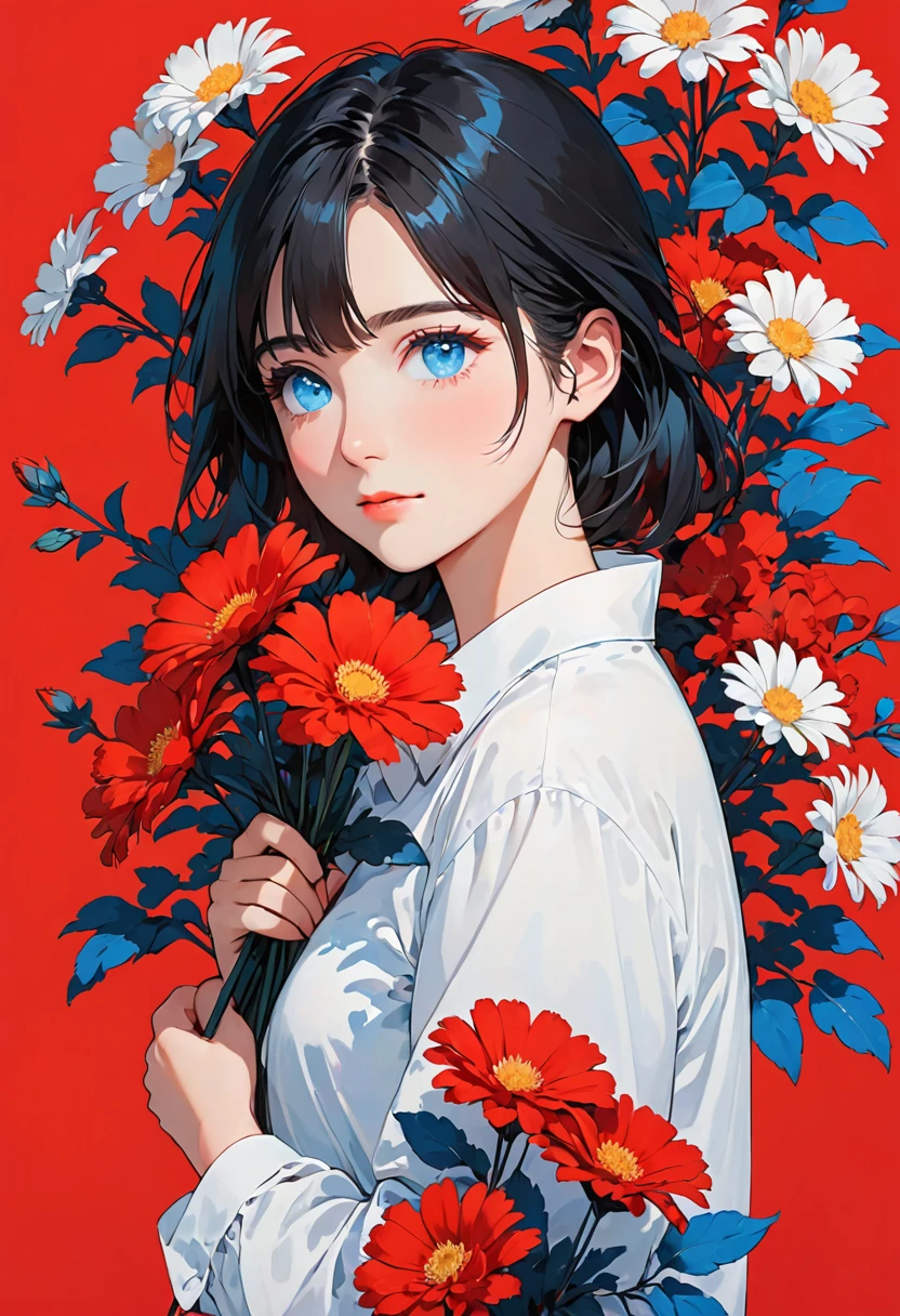 A girl holding flowers on her shoulder on a red background, one girl, flower, alone, flower, black hair, blue eyes, shirt, red background, white shirt, second red red, simple background, official,,