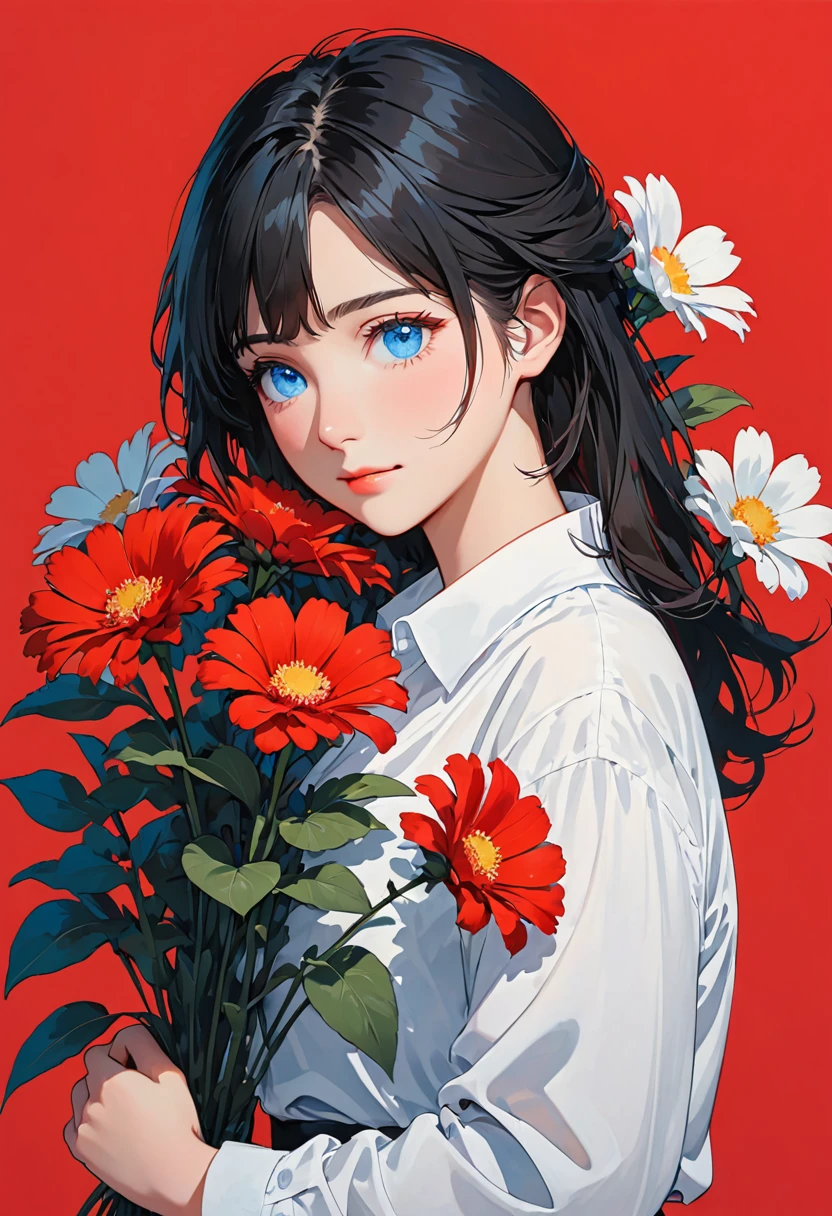 A girl holding flowers on her shoulder on a red background, one girl, flower, alone, flower, black hair, blue eyes, shirt, red background, white shirt, second red red, simple background, official,,
