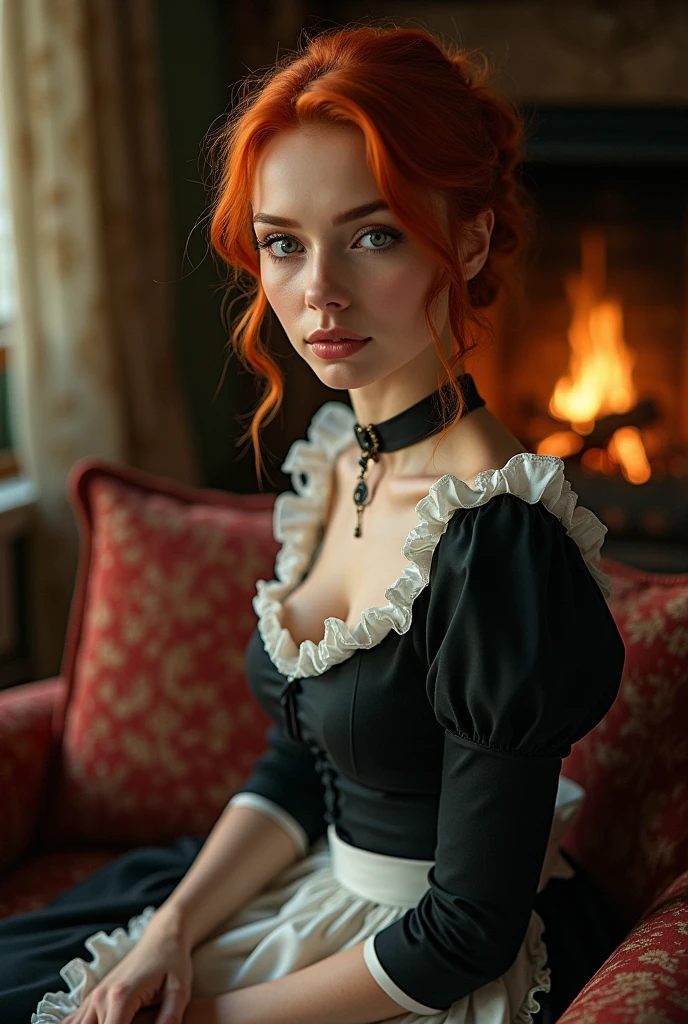 Draw me a woman with red hair 1850 who is a housekeeper, very pretty, looks thin but fit and wears tights with a very beautiful servant's dress, she should have violet eyes and be a real feast for the eyes, full body picture and realistic, she should sit on a sofa in the fireplace room very sexy with her shoes complete body mit pferdeschwanz zopf und richtig süss